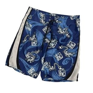 Vintage Y2K Crazy Shirts Hawaii Original Dragon Kanji Board Shorts Blue Mens 34